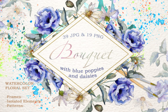 Download Bouquet with Blue Poppies and Daisies Watercolor - Poppies Collection