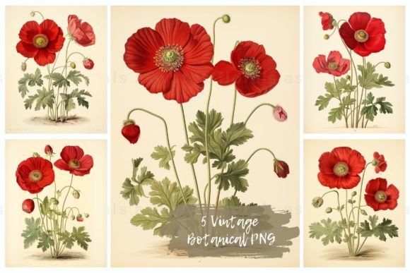 Download Poppies Vintage Botanical PNG Set - Poppies Collection