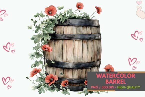Download Watercolor Barrel with Red Poppies PNG - Poppies Collection